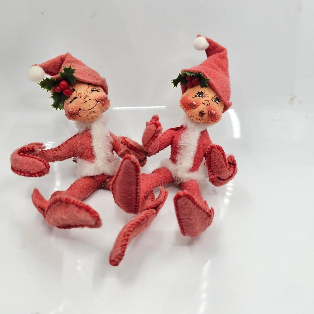Vintage Annalee Mobilitee Christmas Red Felt Elf Doll Pair‎ 1994 1995 USA Made